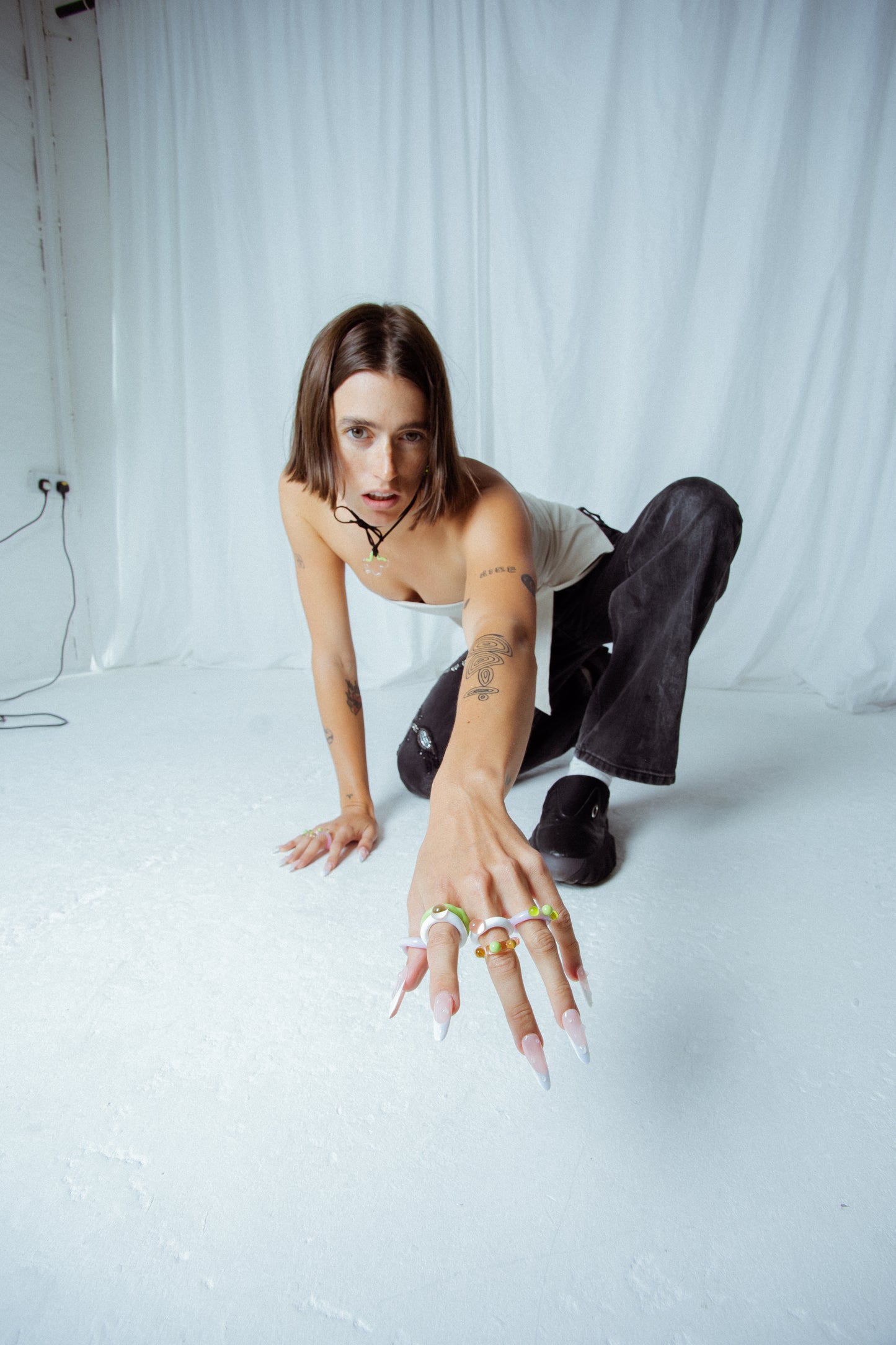 Clear Pink Bubble White Band Murano Glass Ring.