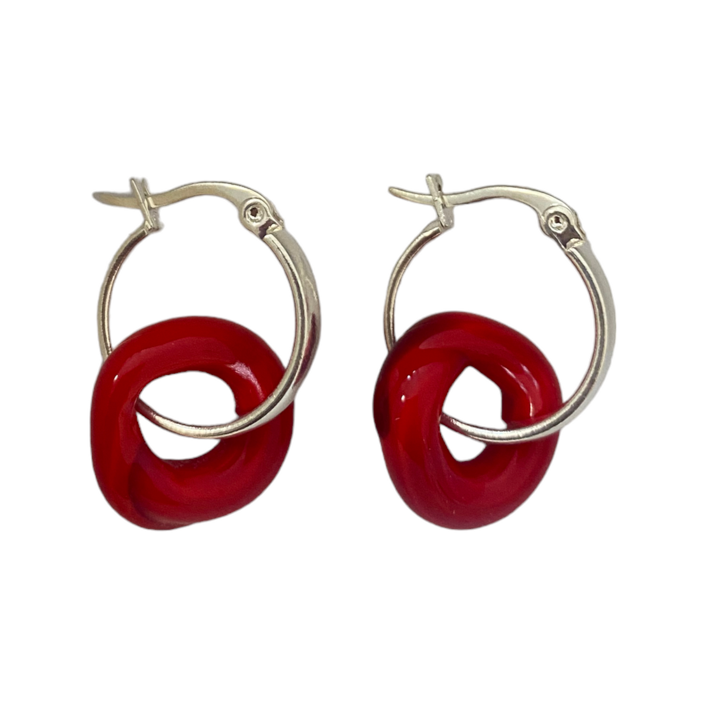 Red Murano Glass Donut Drop Charm Hoops
