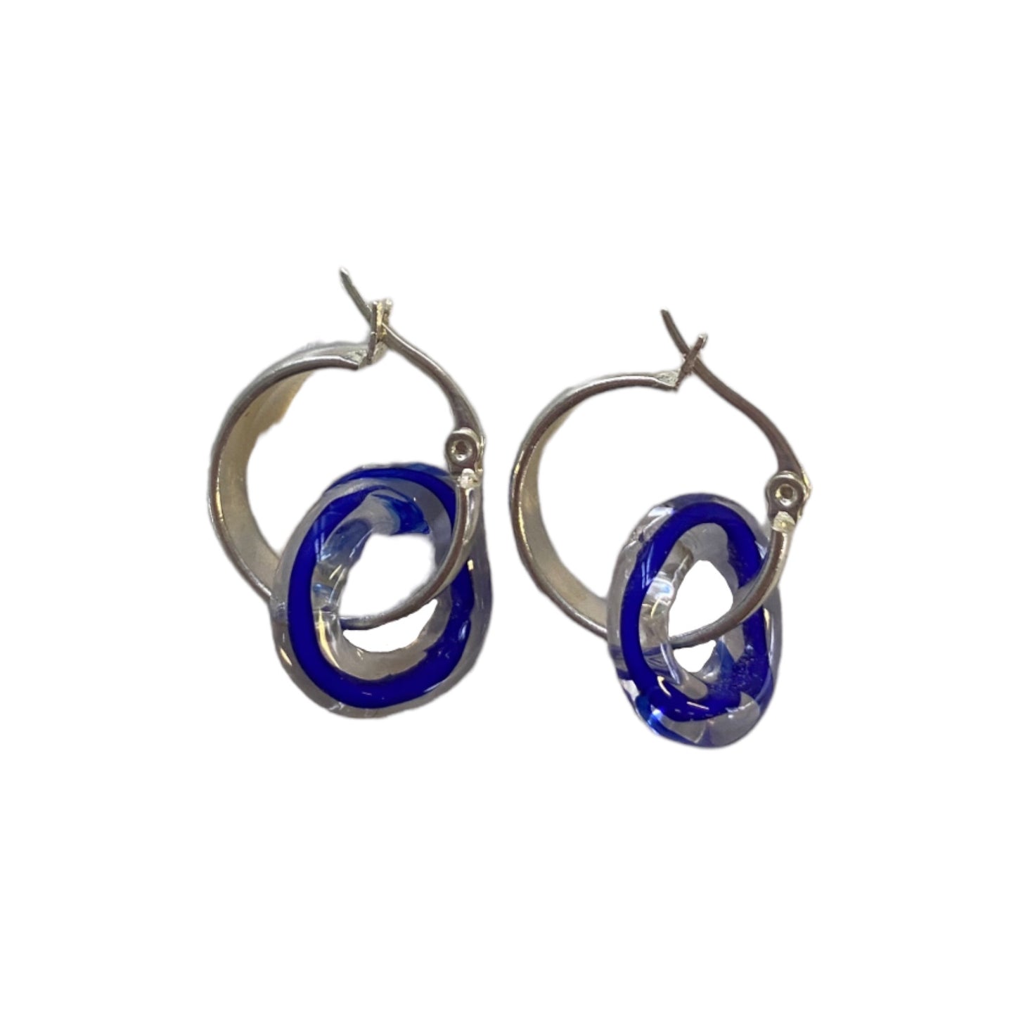 Clear/Electric Blue Murano Glass Donut Drop Charm Hoops