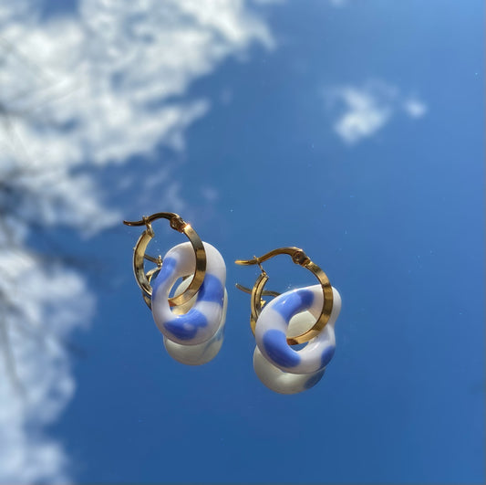 White/Blue Colour Murano Glass Donut Drop Charm Hoops.