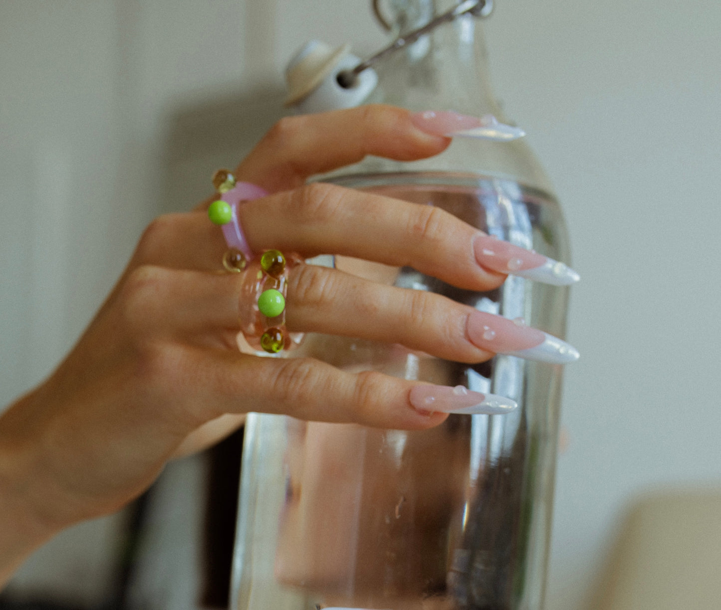 Pink Quartz Green Bubble Murano Glass Ring