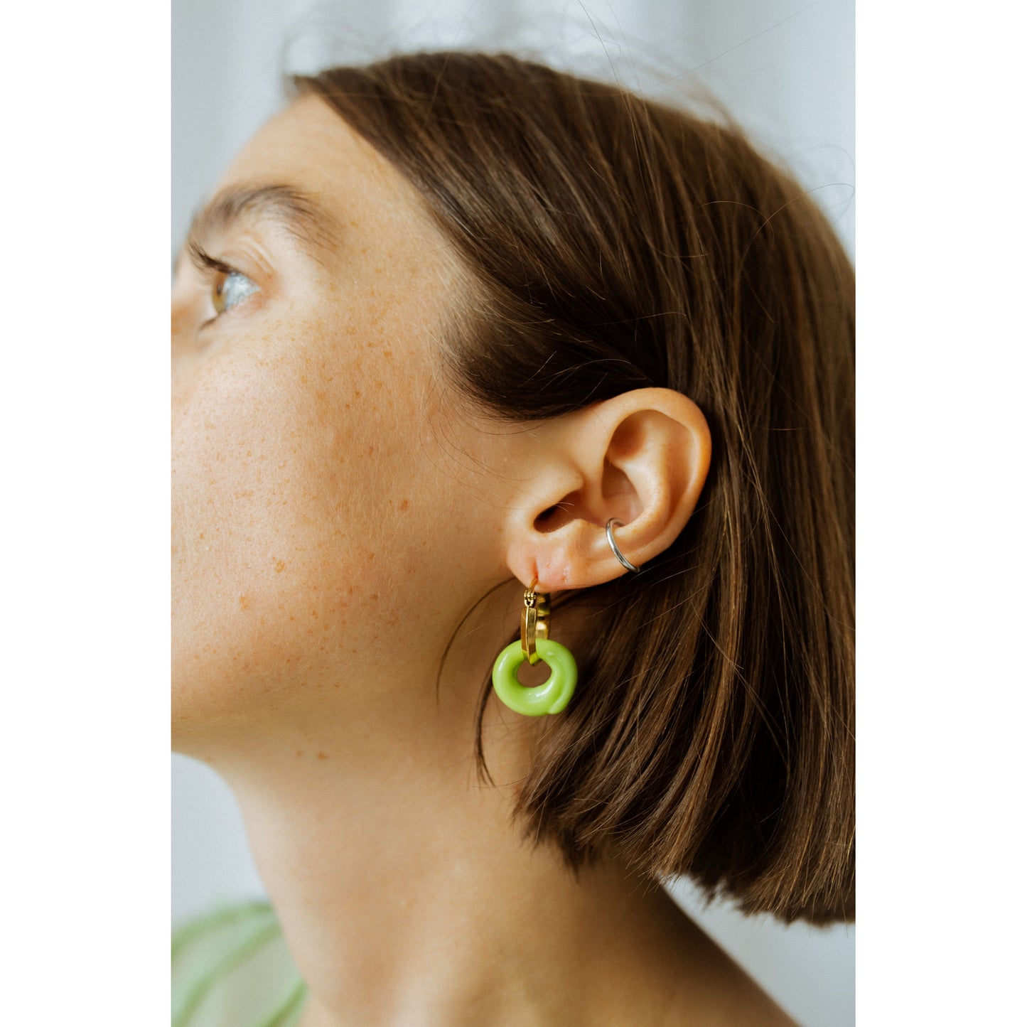 Opaque Green Murano Glass Donut Drop Charm Hoops.