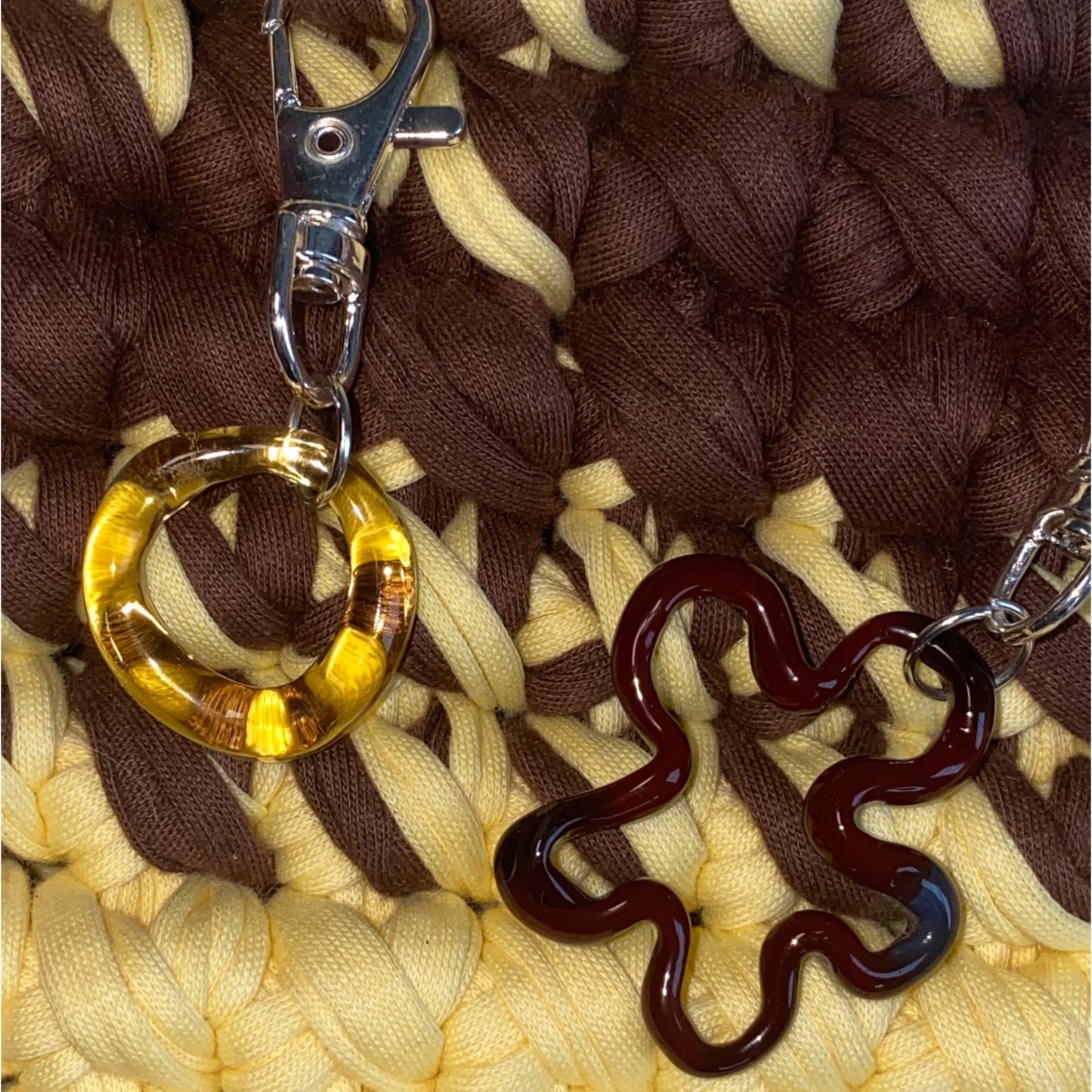 Butter Yellow and Brown Crochet Bag Murano Glass Bag Charms.