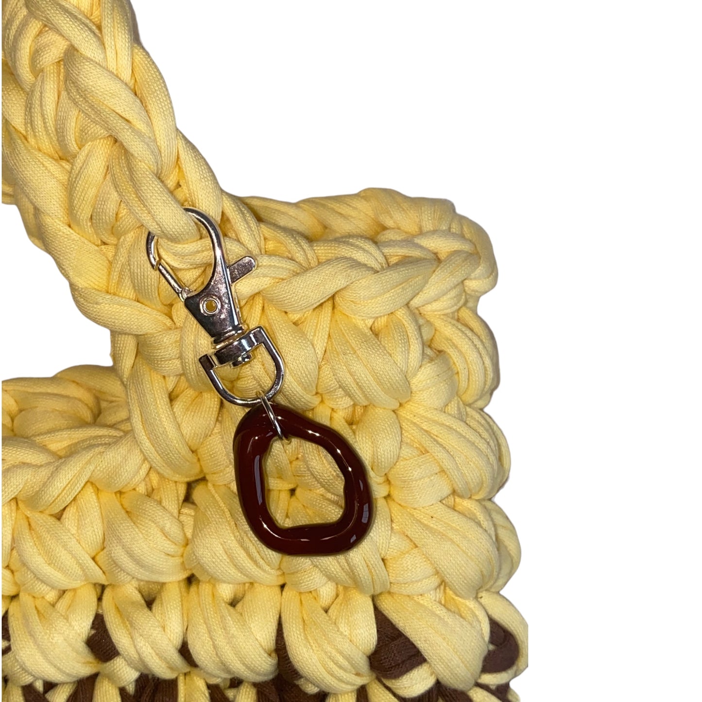 Butter Yellow and Brown Crochet Bag Murano Glass Bag Charms.