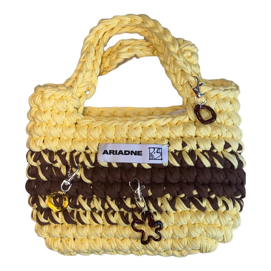 Butter Yellow and Brown Crochet Bag Murano Glass Bag Charms.