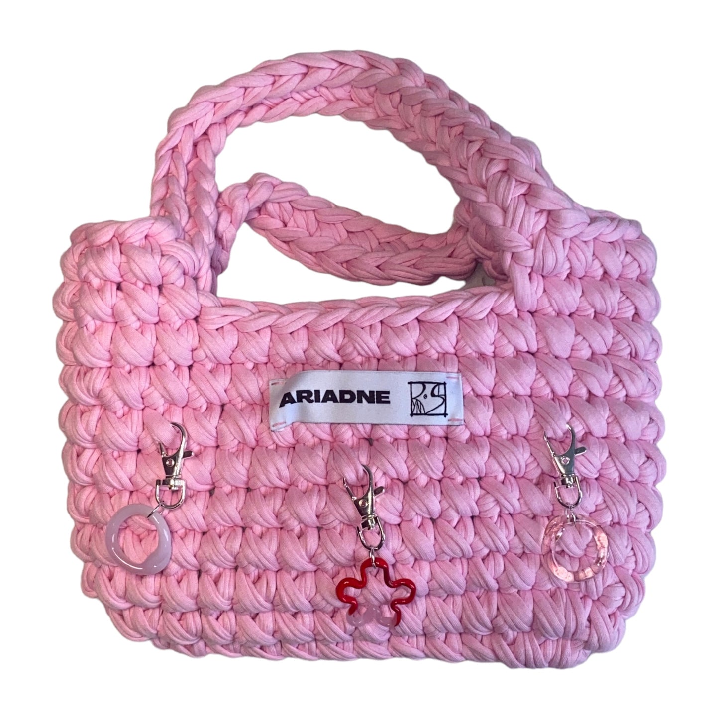 Baby Pink Mini Crochet Bag Pink and Red Murano Glass Bag Charms.