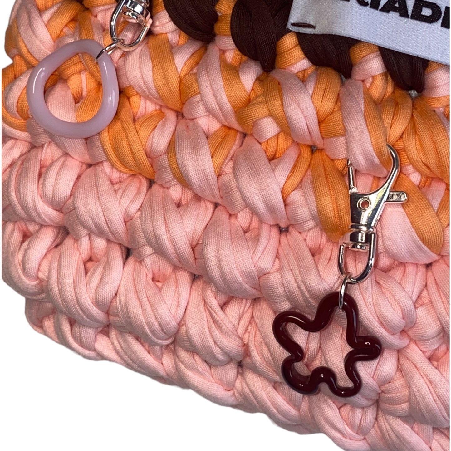 Peach and Brown Crochet Bag Murano Glass Bag Charms.