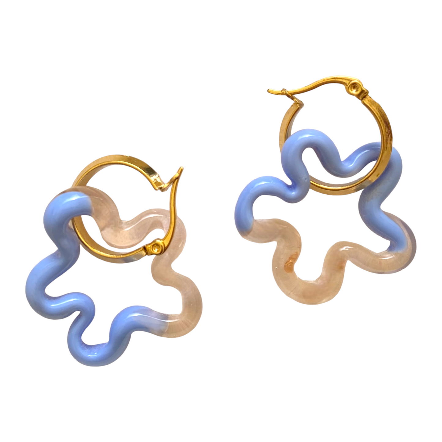 Dual Blue/Clear Pink Murano Glass Squiggle Charm Hoops.