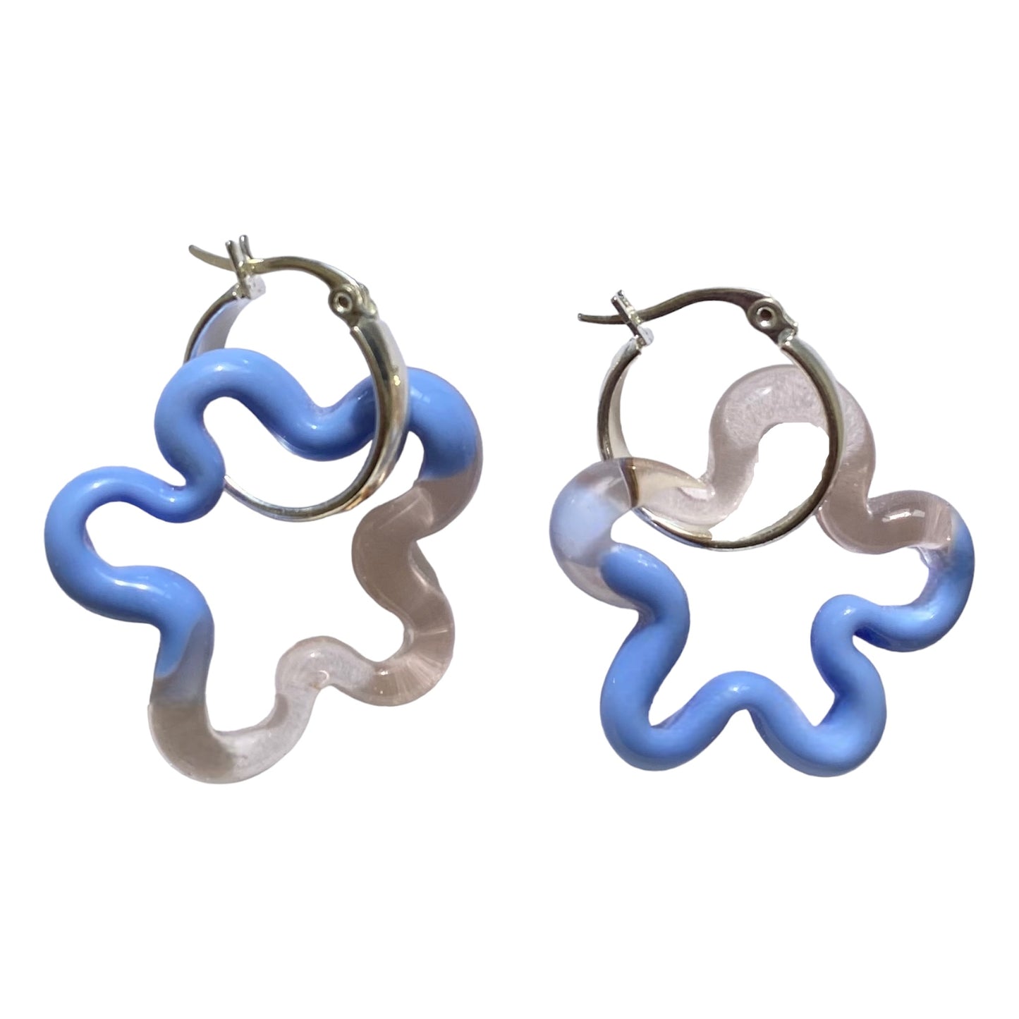 Dual Blue/Clear Pink Murano Glass Squiggle Charm Hoops.