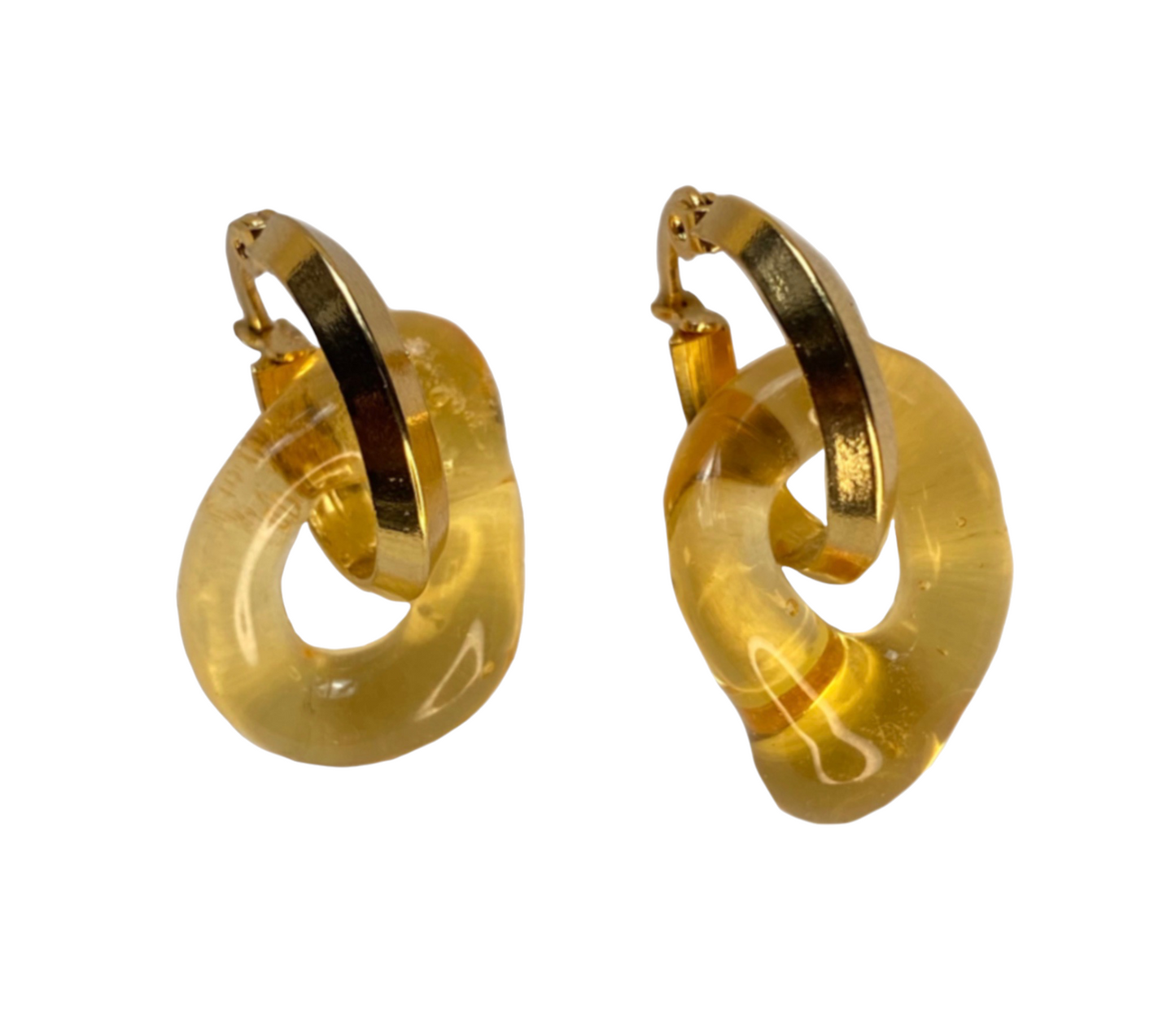 Clear Yellow Murano Glass Donut Drop Charm Hoops