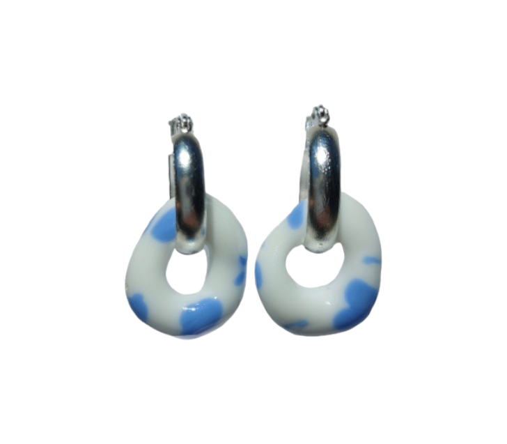 White/Blue Colour Murano Glass Donut Drop Charm Hoops.