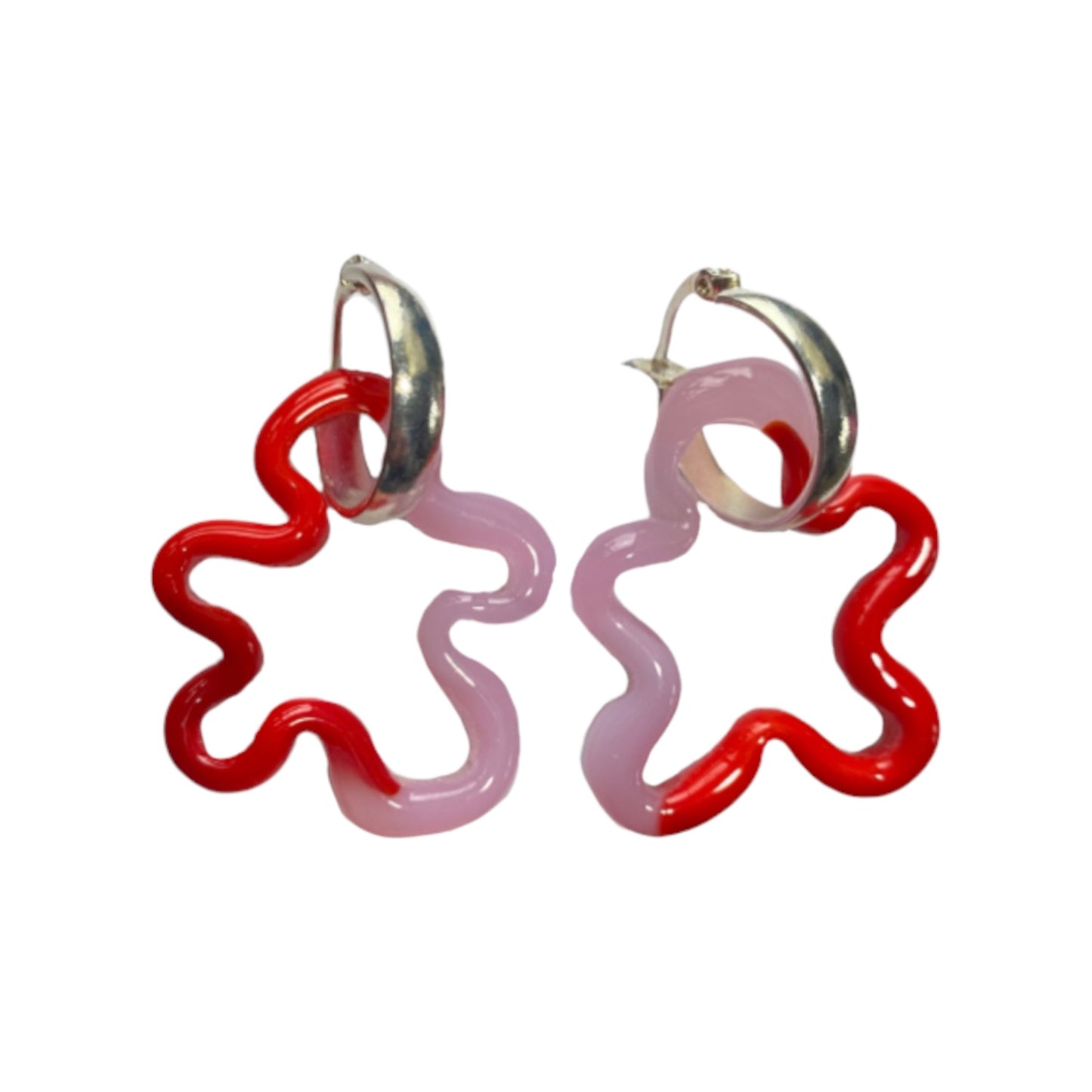 Dual Red/Quartz Murano Glass Squiggle Charm Hoops