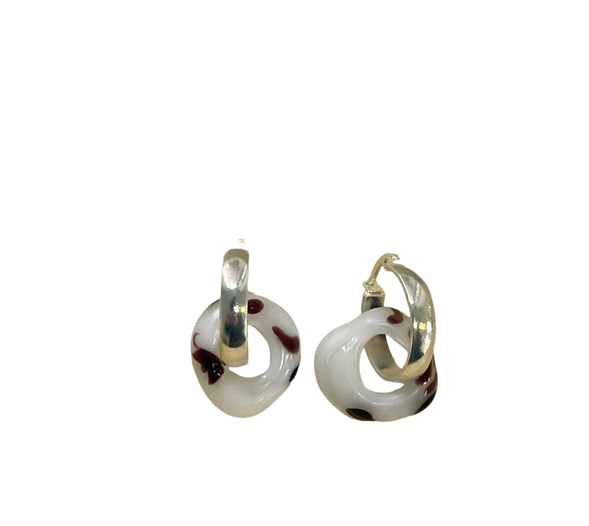 White/Black Murano Glass Donut Drop Charm Hoops