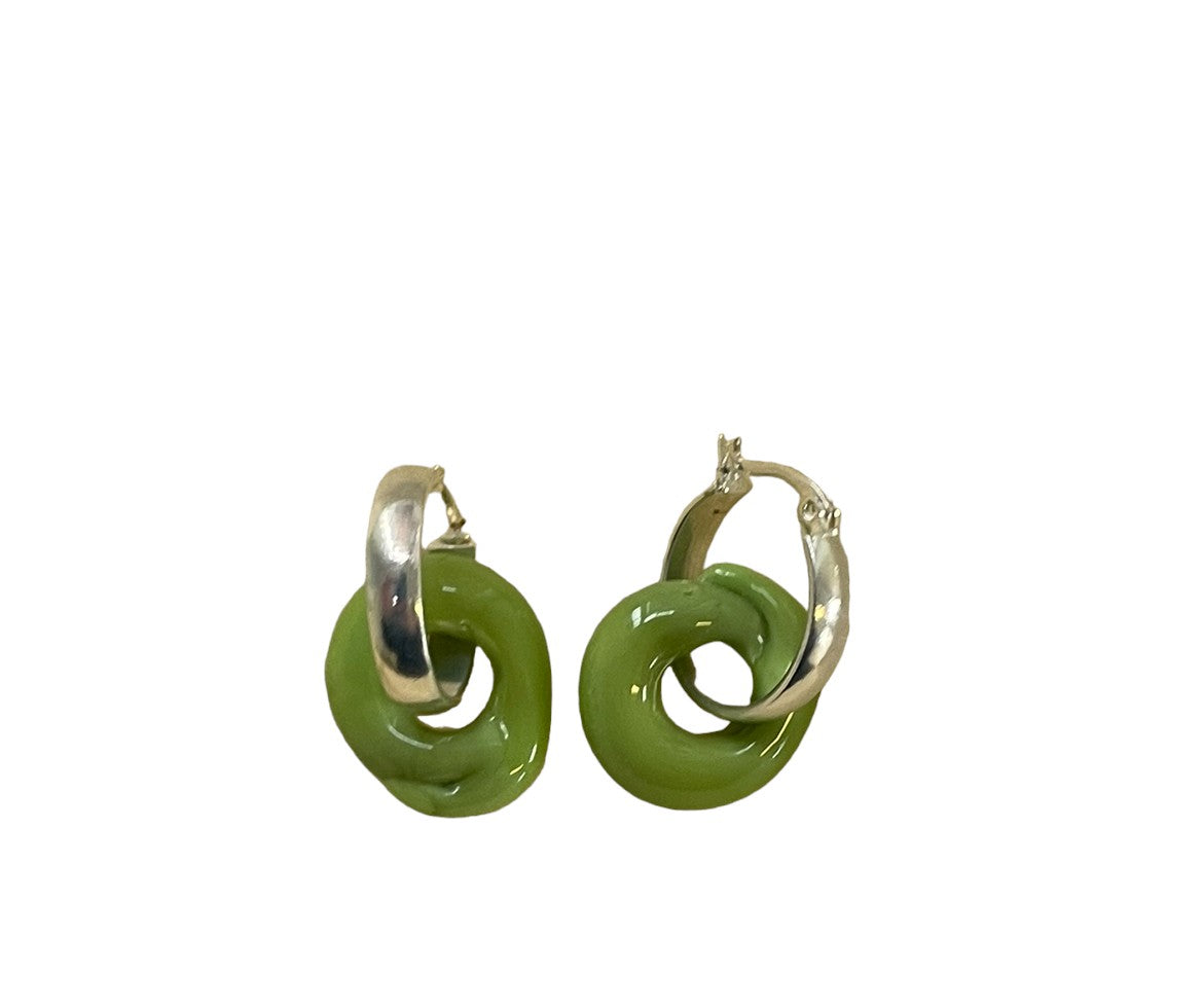 Opaque Green Murano Glass Donut Drop Charm Hoops.