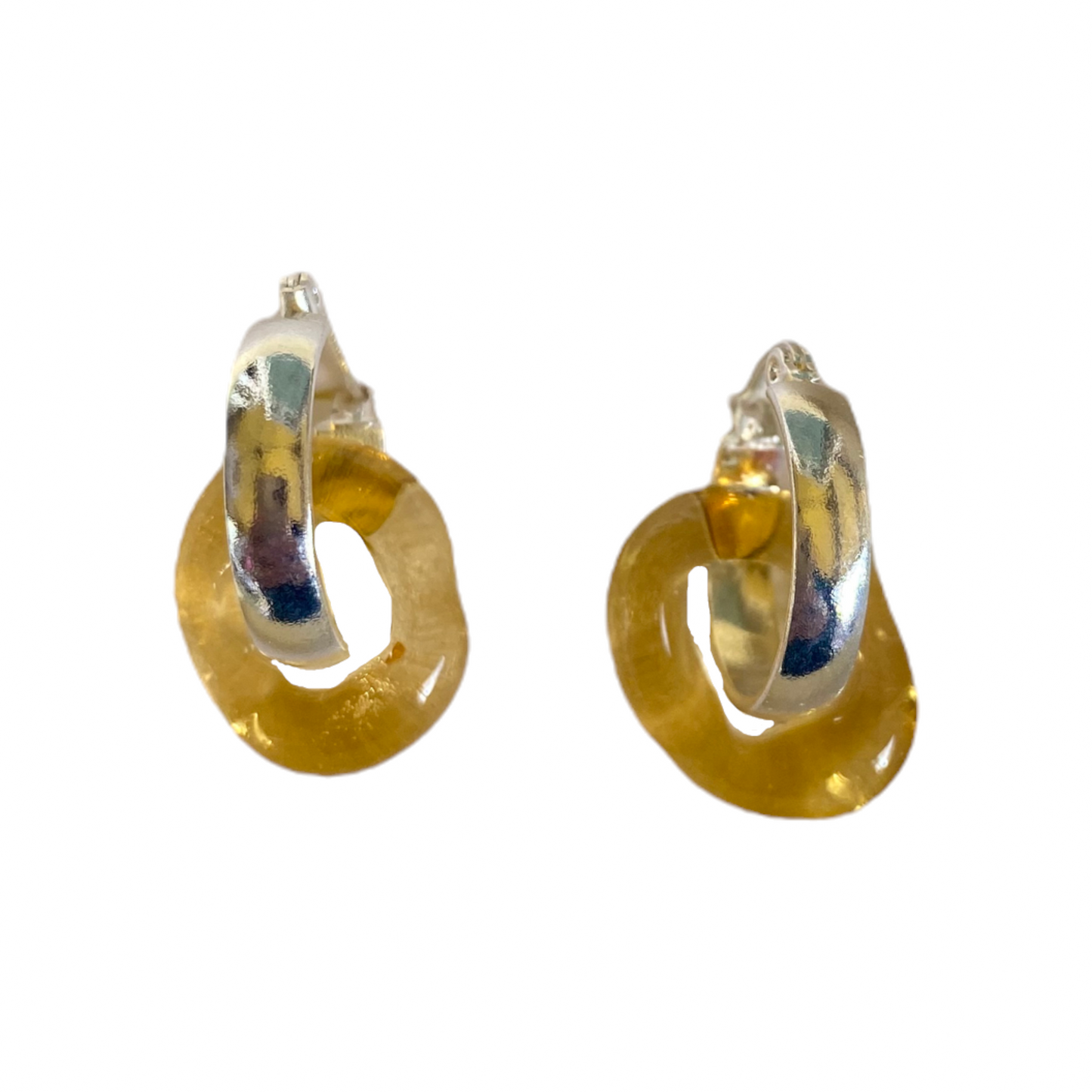 Clear Yellow Murano Glass Donut Drop Charm Hoops