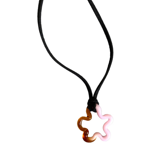 Dual Amber/ Pink Glass Squiggle Charm Rope Tie Necklace