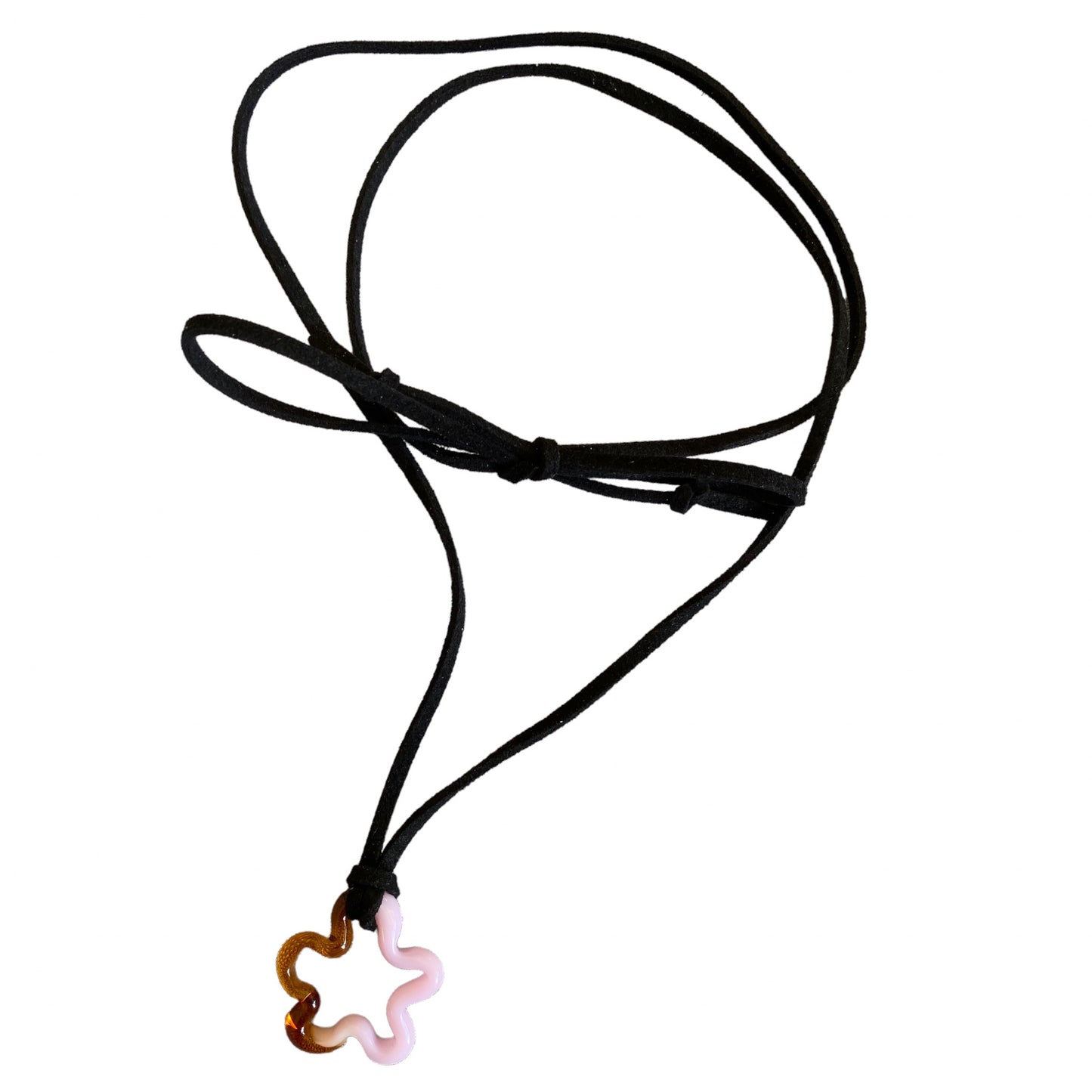 Dual Amber/ Pink Glass Squiggle Charm Rope Tie Necklace