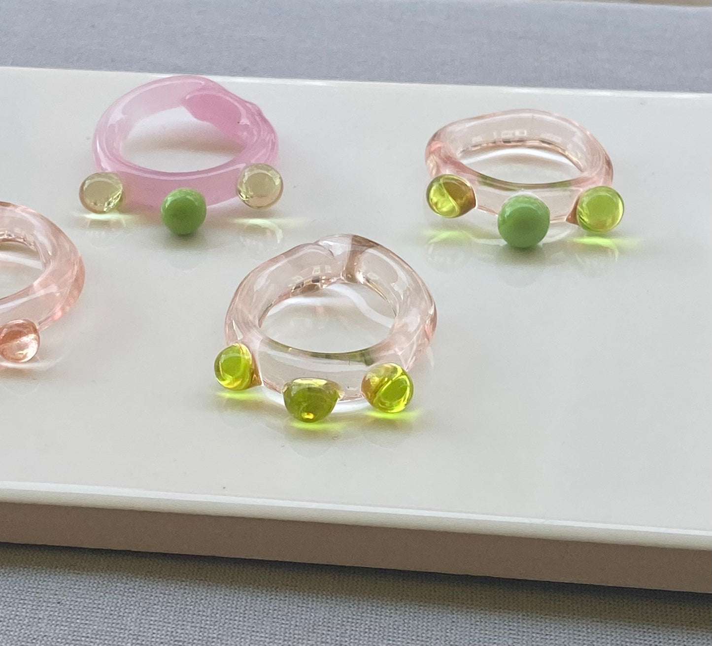 Pink Quartz Green Bubble Murano Glass Ring