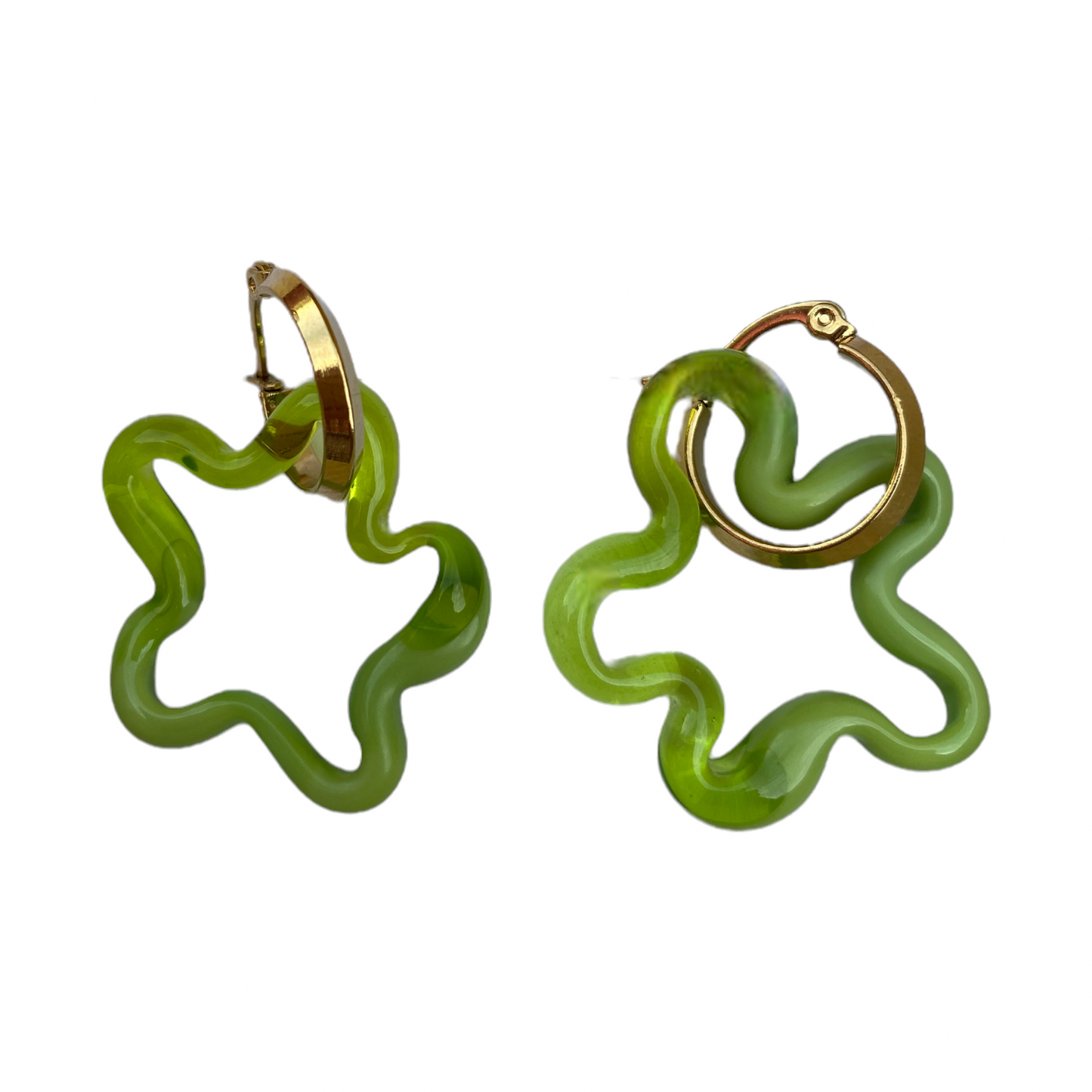 Dual Opaque Green/Green Murano Glass Squiggle Charm Hoops