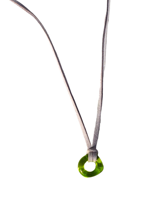 Clear Green Glass Donut Charm Rope Tie Necklace
