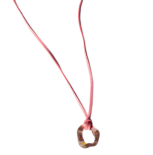 Clear Pink Glass Donut Charm Rope Tie Necklace