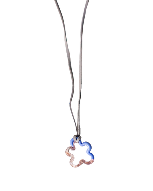 Clear Pink/ Opaque Blue Glass Dual Squiggle Charm Rope Tie Necklace