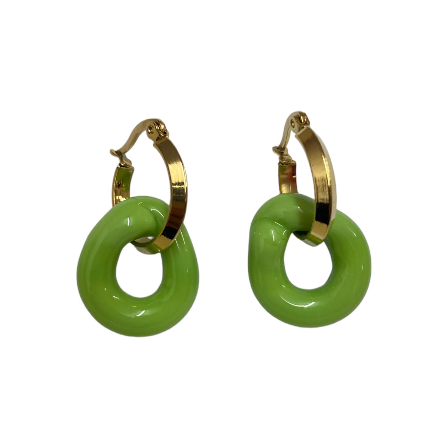 Opaque Green Murano Glass Donut Drop Charm Hoops.