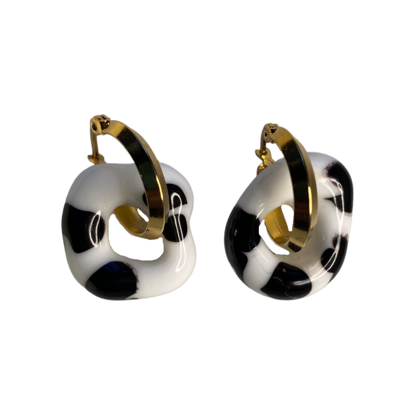 White/Black Murano Glass Donut Drop Charm Hoops