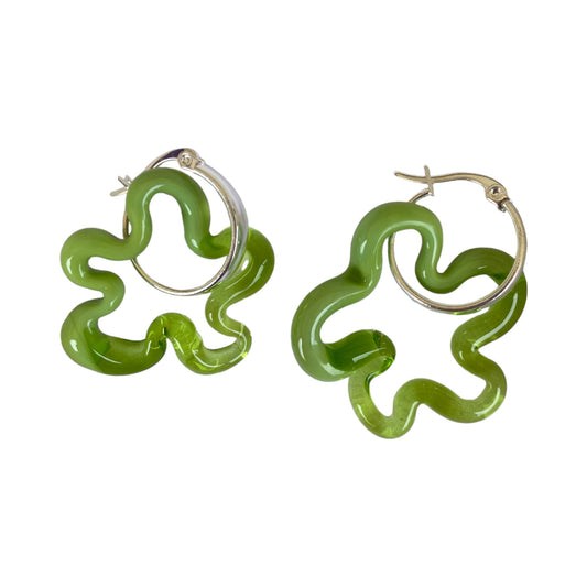 Dual Opaque Green/Green Murano Glass Squiggle Charm Hoops