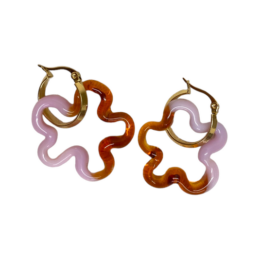 Dual Amber/Quartz Murano Glass Squiggle Charm Hoops