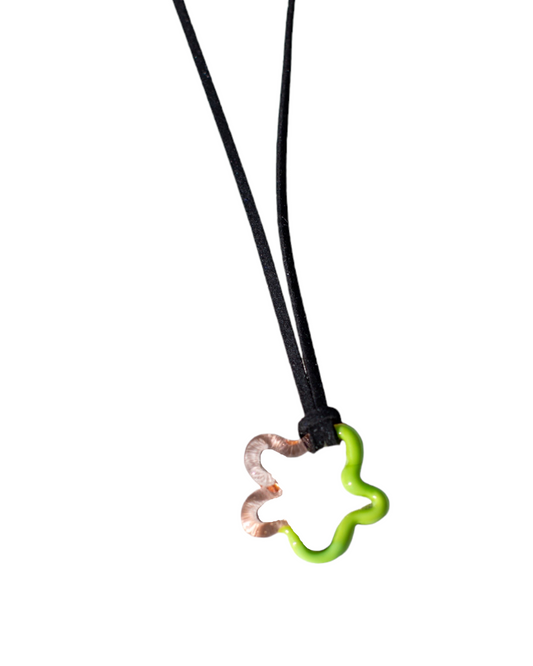 Clear Pink/ Opaque Green Glass Squiggle Charm Rope Tie Necklace